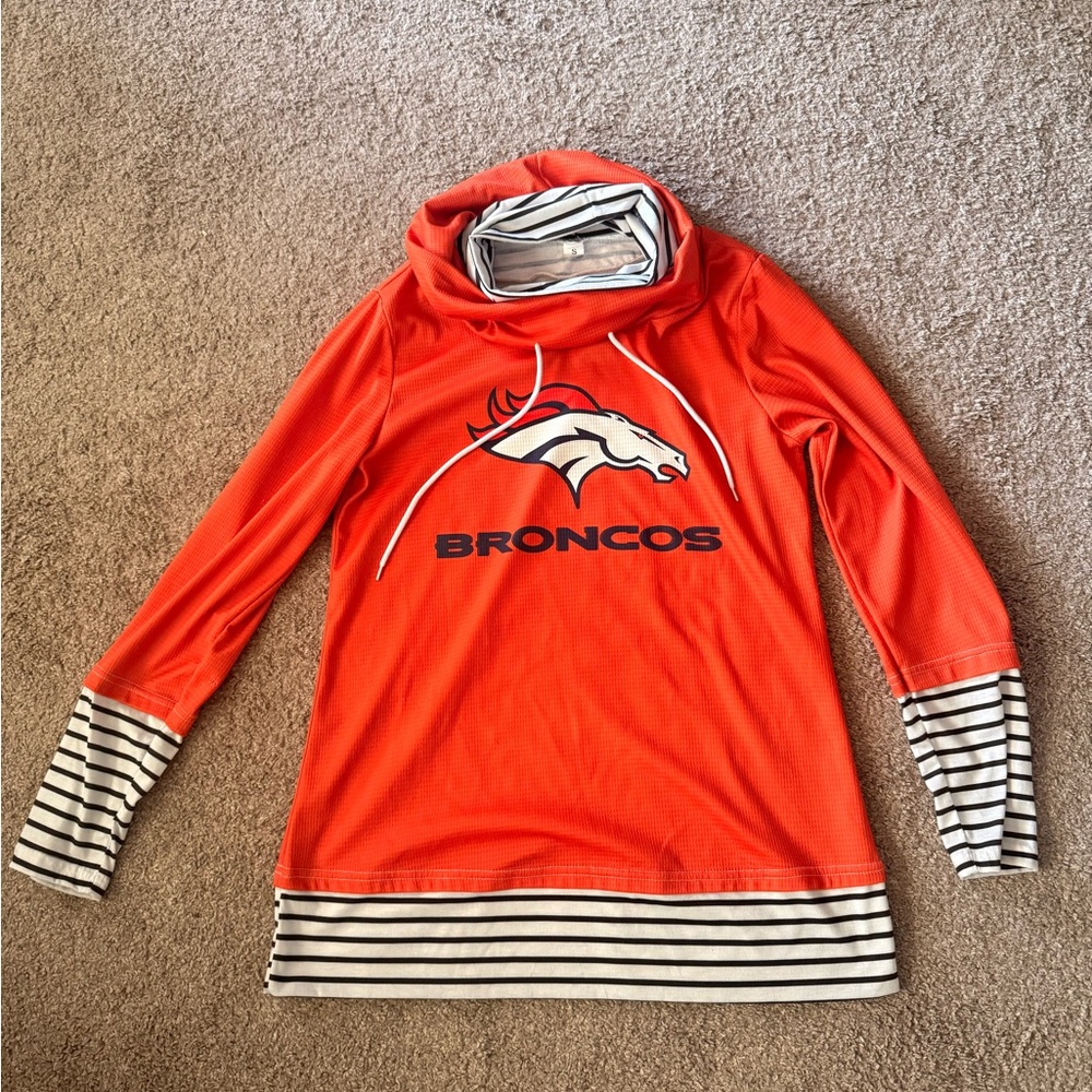 Denver Broncos Orange Logo Cowl Neck top with Striped Trim